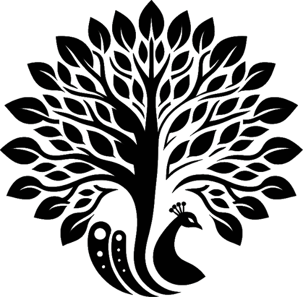 Stylised line drawing of a peackock with the tail turning into the tree of life